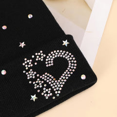 Heart Rhinestone Beanie Hat Winter Soft Knit Warm Skull Cap