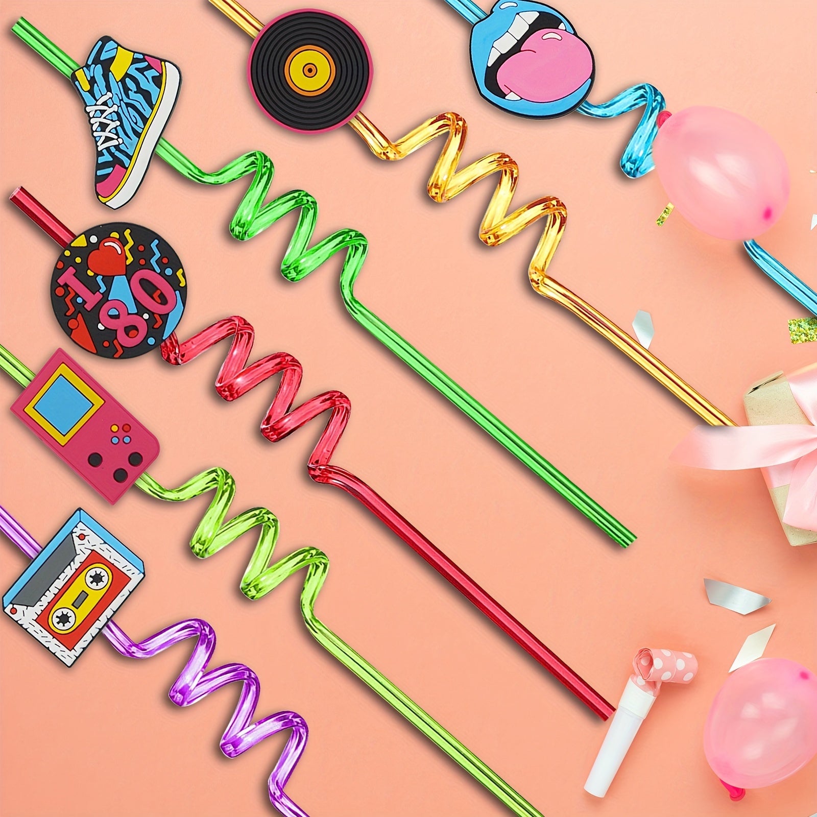 8pcs 80s Theme Reusable Drinking Straws for Family Gatherings, Birthday Parties