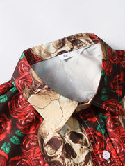 Skull & Rose Print Men's Casual Short Sleeve Shirt