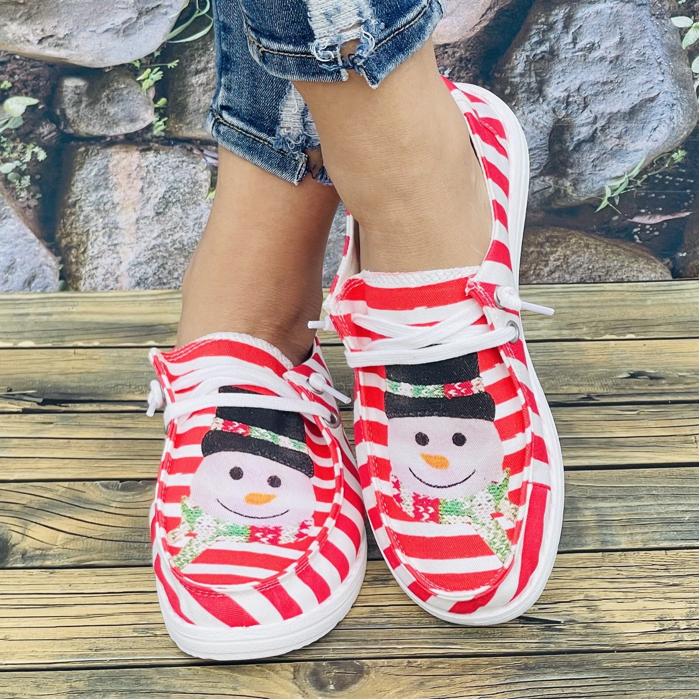 Christmas Snowman Pattern Casual Sneakers Lace Up Walking Shoes