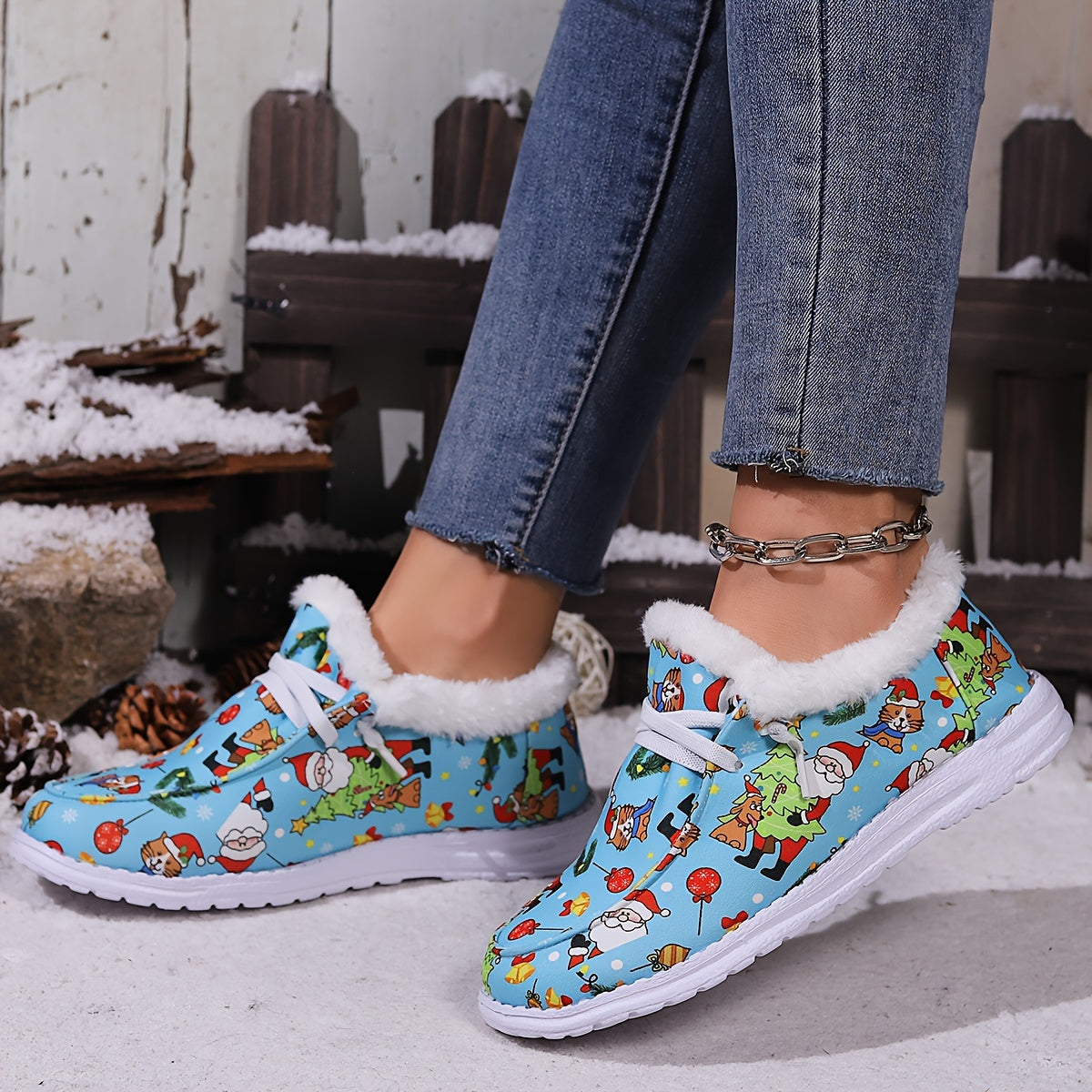 Christmas Snow Boots Santa Claus Kitten Pattern Plush Comfort Flats