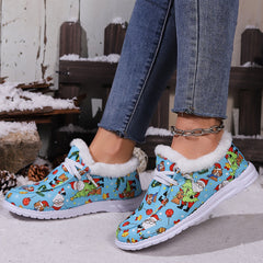 Christmas Snow Boots Santa Claus Kitten Pattern Plush Comfort Flats
