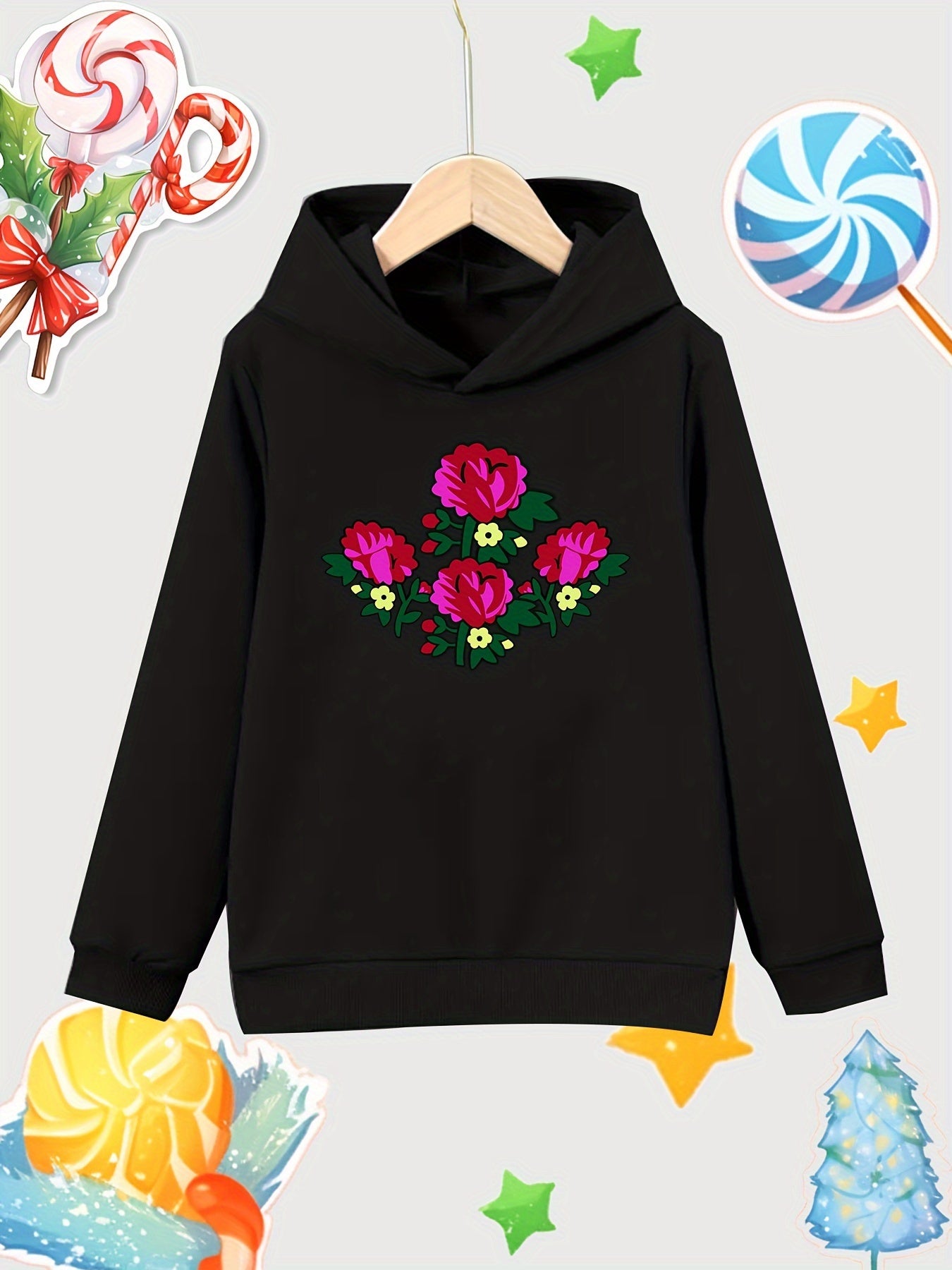 Girl's Cartoon Flowers Cotton Hoodie Sweatshirt for Outdoor