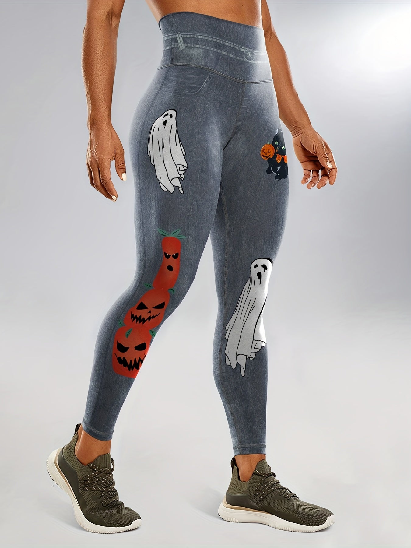 Halloween Pumpkin & Ghost Leggings Tummy Control High Waist Yoga Fitness Tights