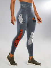 Halloween Pumpkin & Ghost Leggings Tummy Control High Waist Yoga Fitness Tights