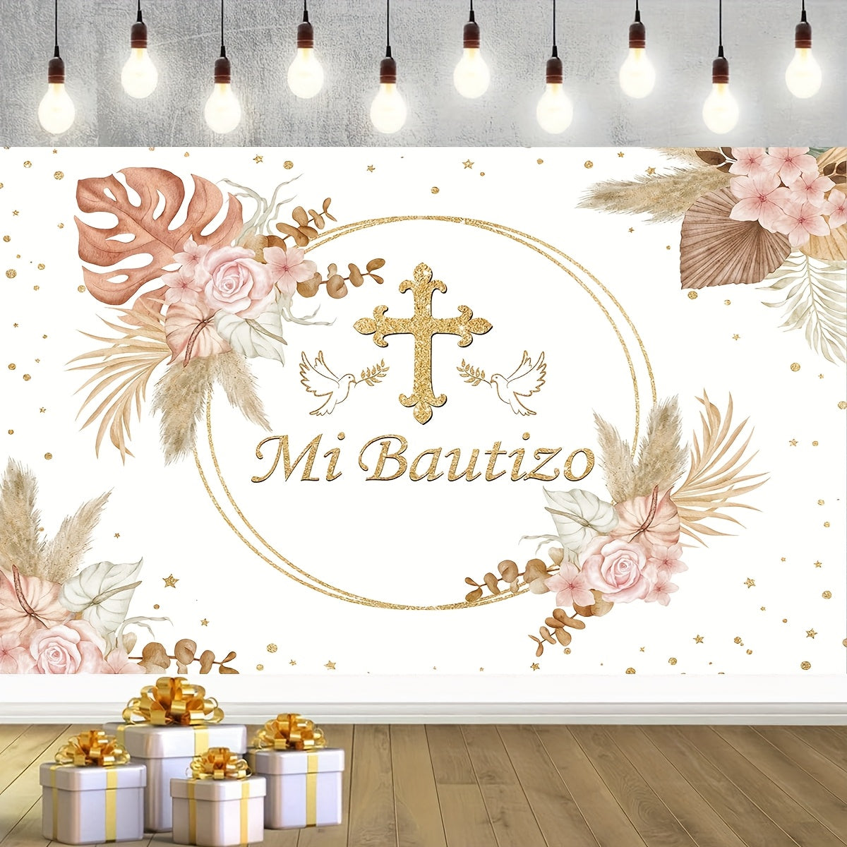 Pink Floral Baptism Banner with Golden Accents - Mi Baptizo Christening Backdrop