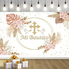 Pink Floral Baptism Banner with Golden Accents - Mi Baptizo Christening Backdrop