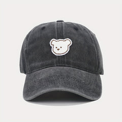 Cartoon Bear Patch Baseball Cap Solid Washed Distressed Sun Hat