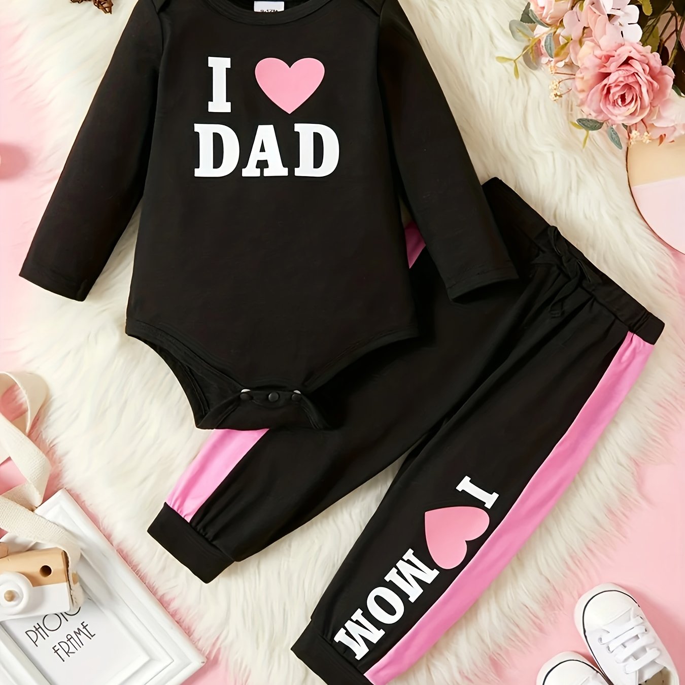 Baby Girl Love Dad Love Mom Letter Print Romper Top Pants 2pcs Set
