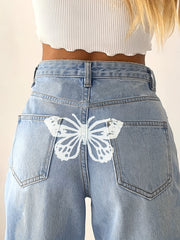 Butterfly Print High Waist Straight Jeans Wide Leg Baggy Denim Pants