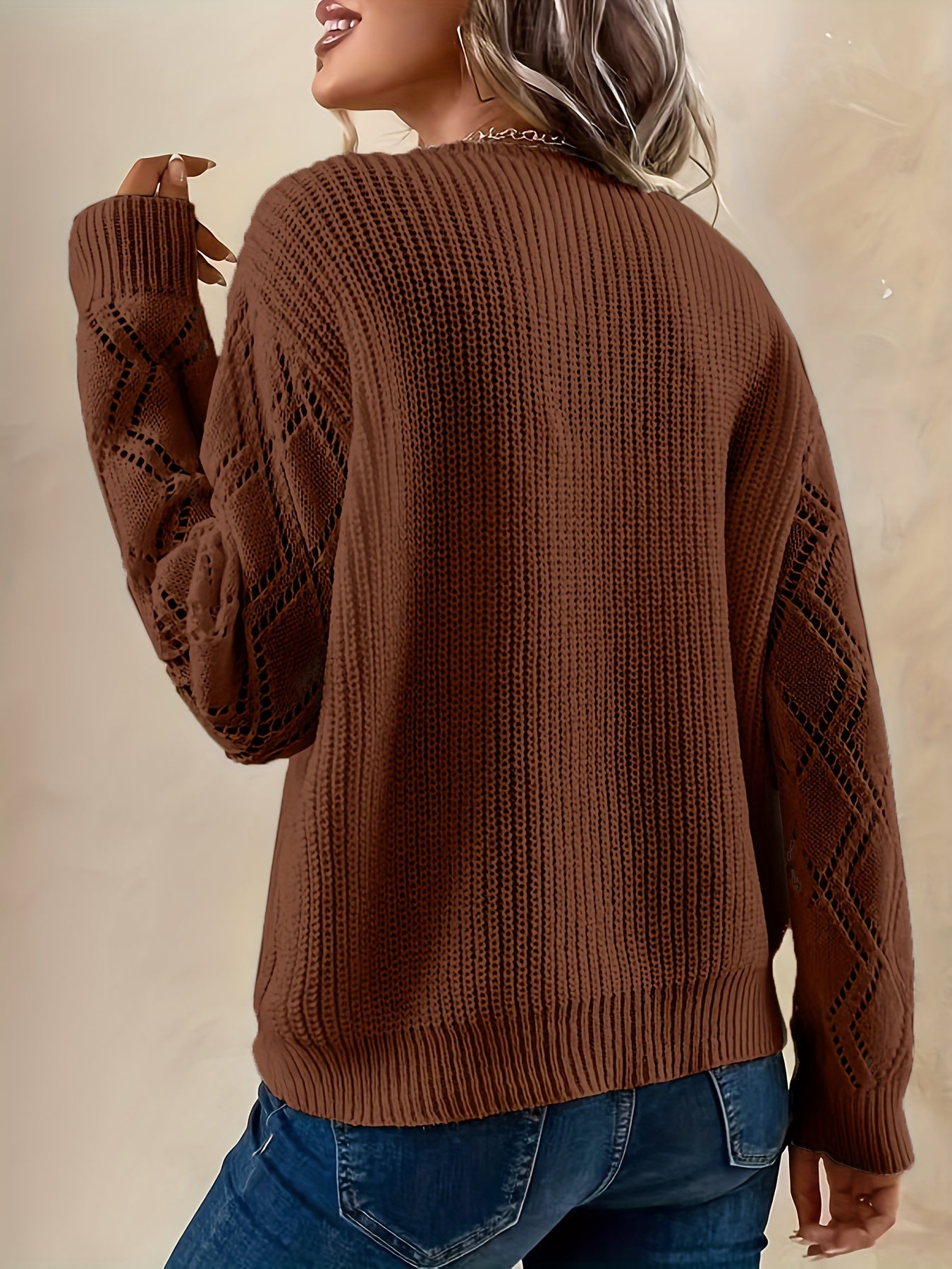 V Neck Cut Out Drop Shoulder Sweater - Women's Casual Long Sleeve Sweater
