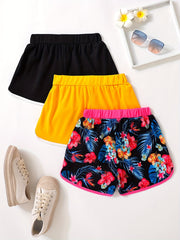 3pcs Girls Casual Sports Yoga Shorts Elastic High Waist Contrast Binding