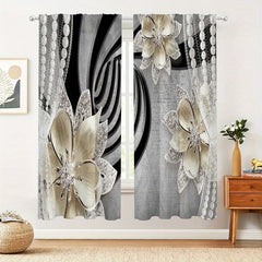 2 Panels Antique Flower Semi Blackout Curtain Rod Pocket Curtains