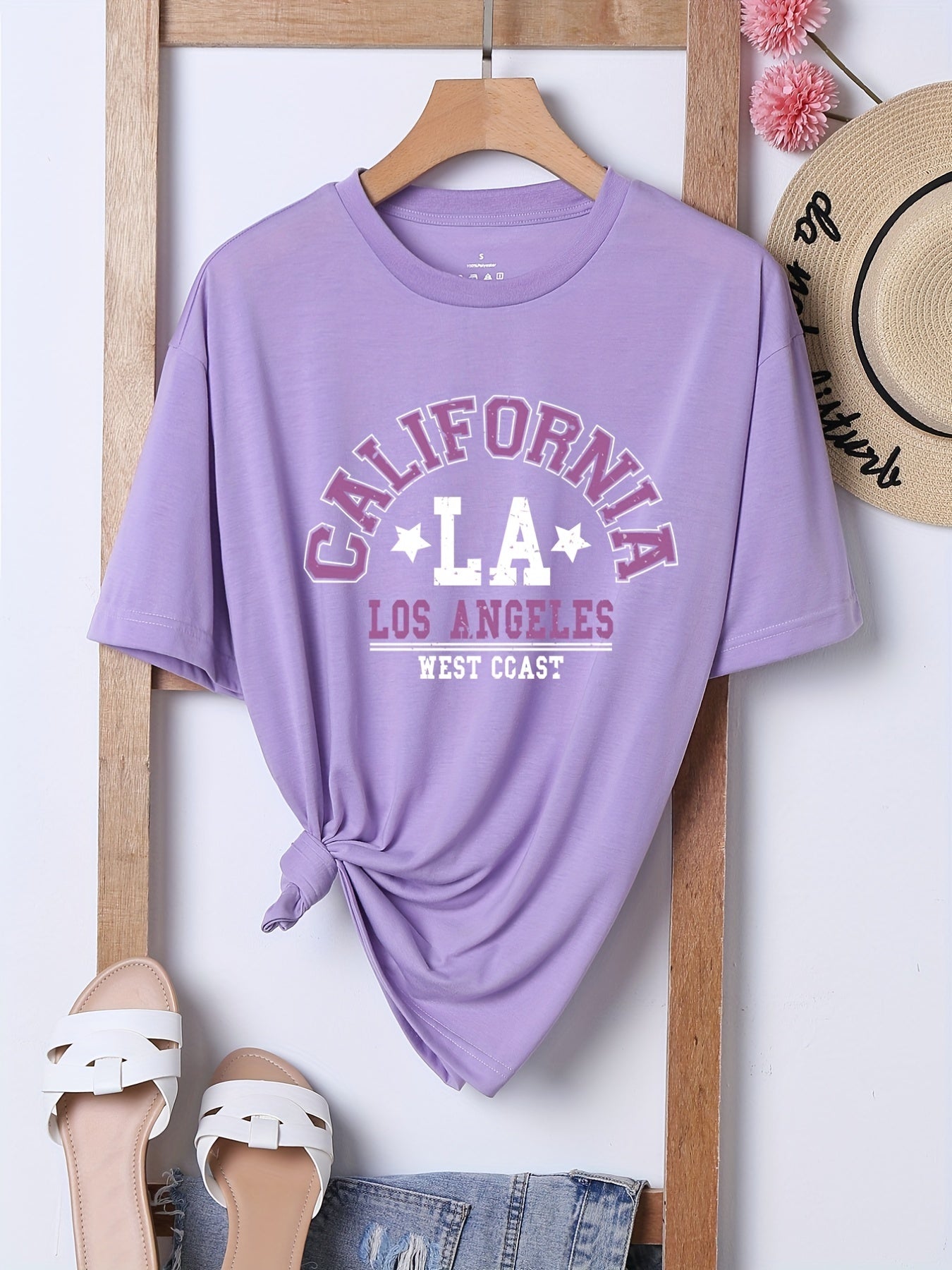 Letter Print Sports Tee Short Sleeve Crew Neck Summer T shirts Women's Tops