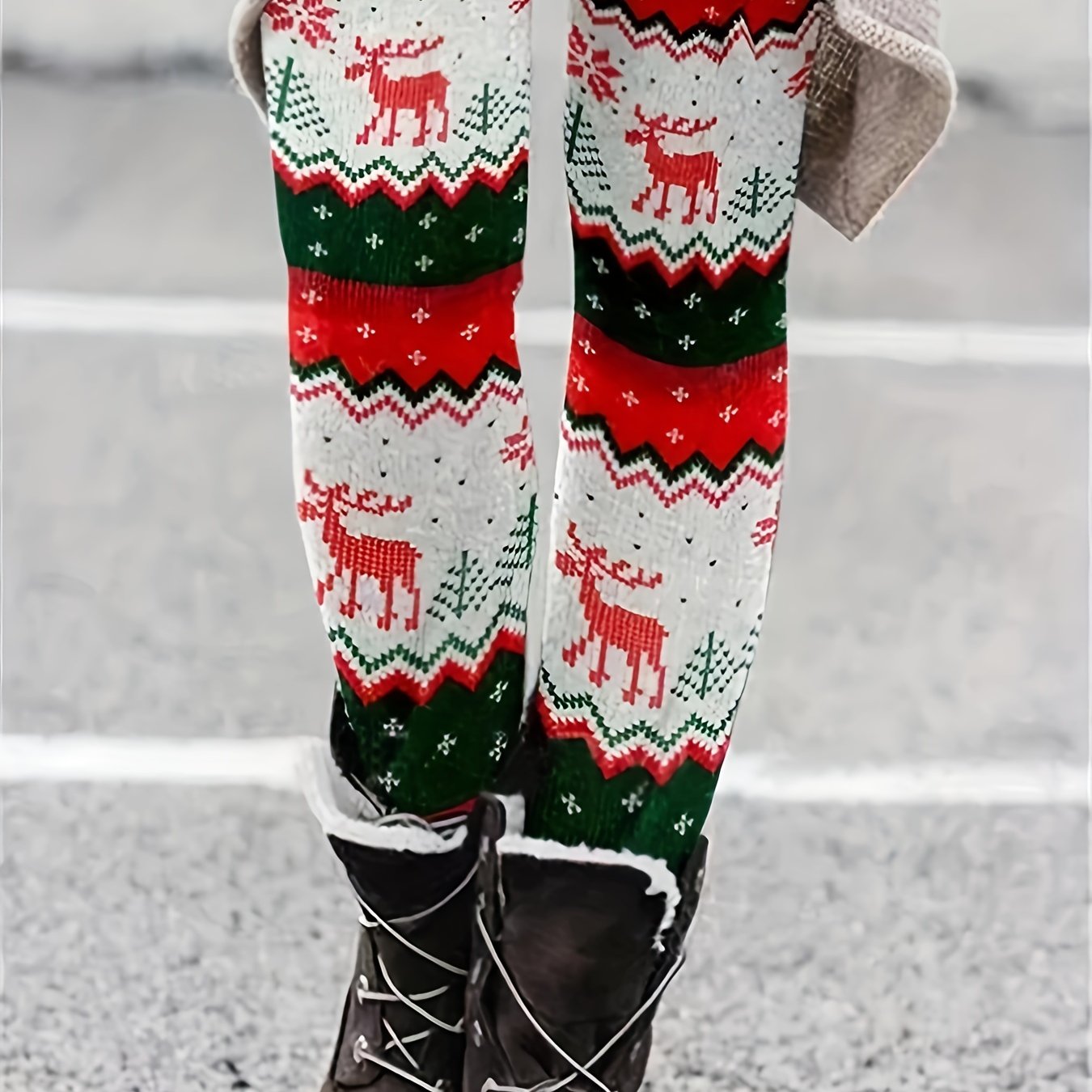 Colorblock Reindeer Print Plus Size Christmas Leggings