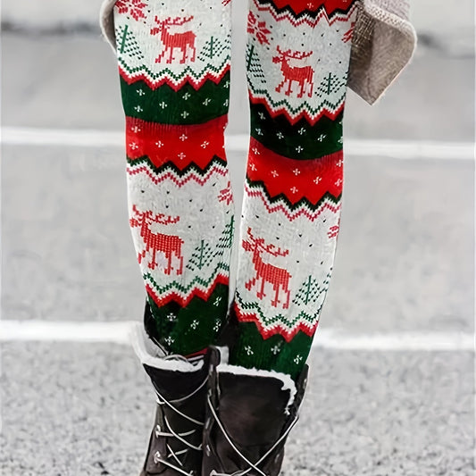 Colorblock Reindeer Print Plus Size Christmas Leggings
