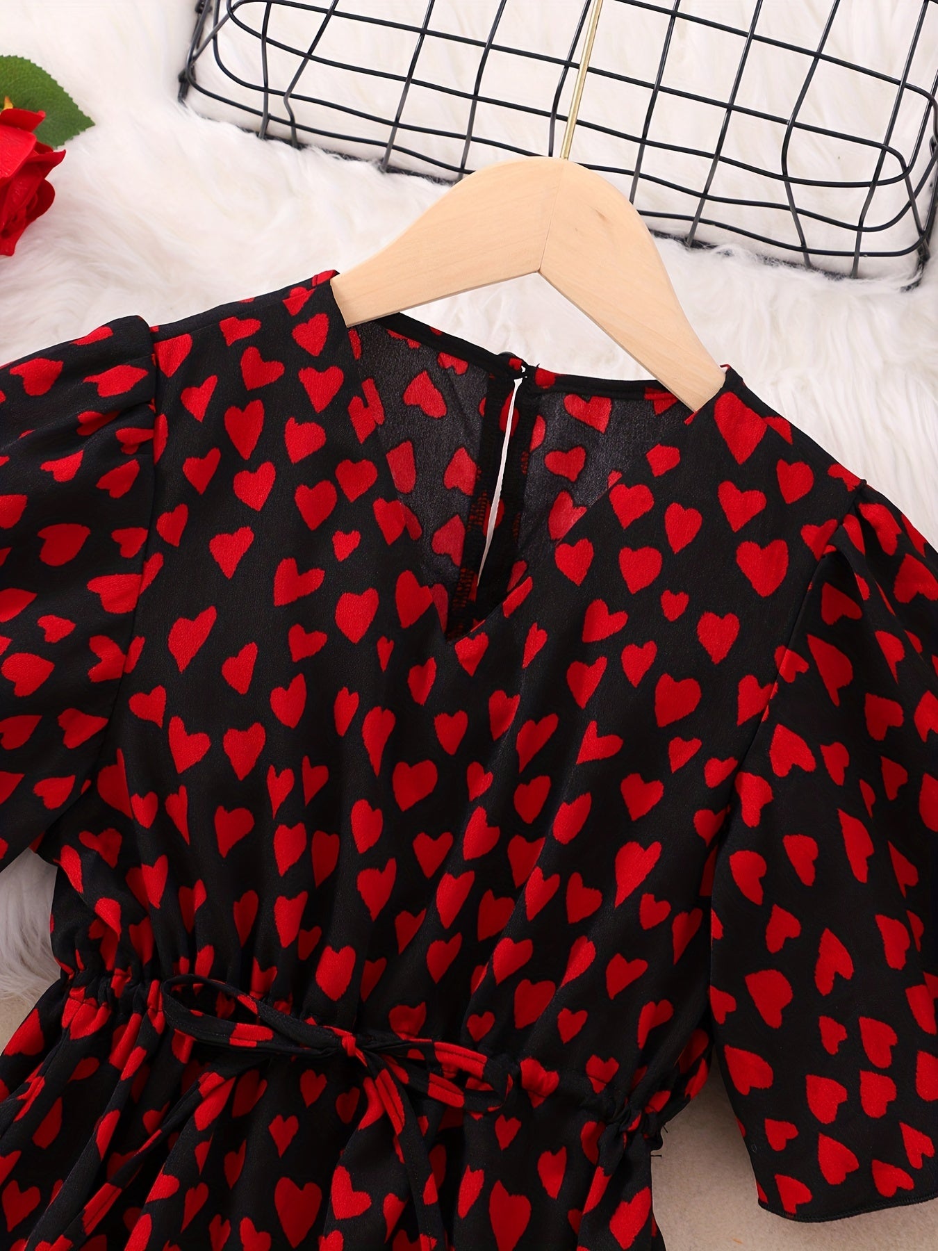 Hearts Print V-neck Tunic Dress for Girls