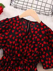 Hearts Print V-neck Tunic Dress for Girls