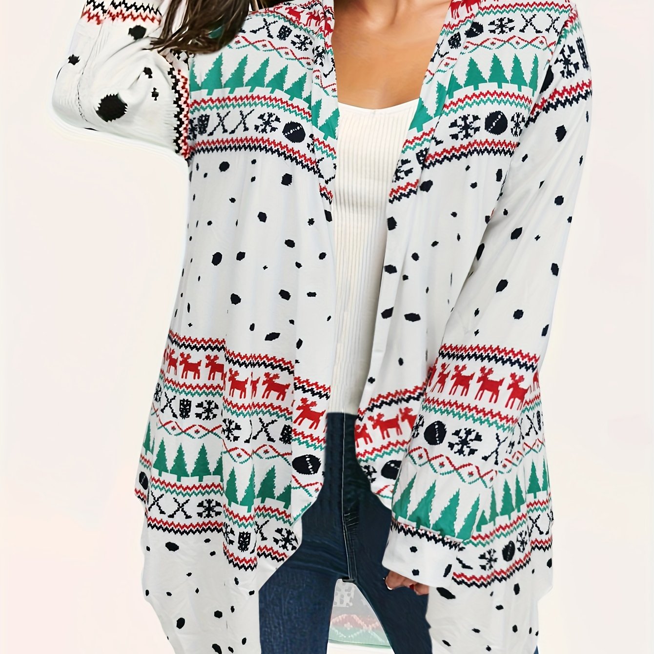 Christmas Casual Cardigan Women's Plus Reindeer & Geo Striped Long Sle
