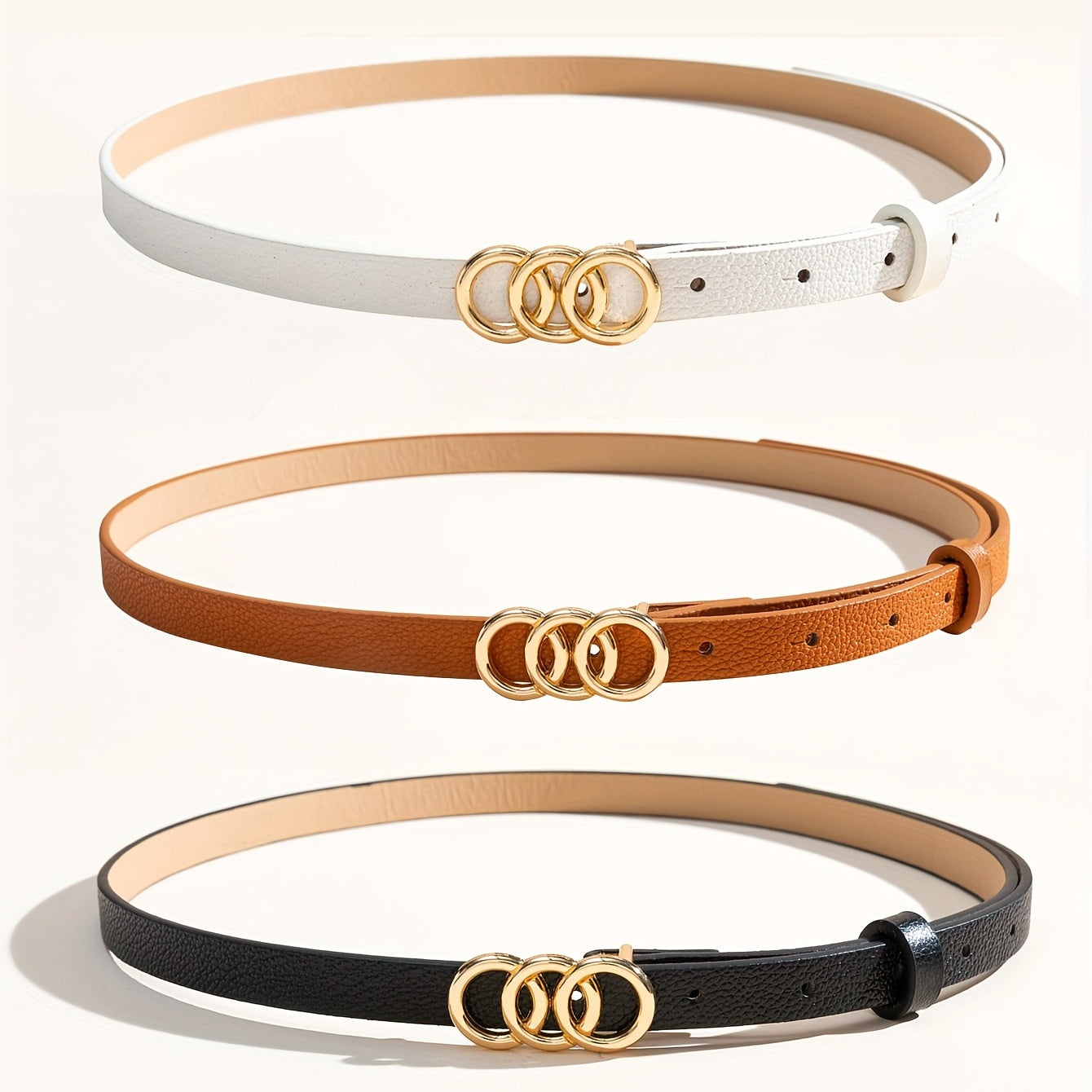 Lychee Embossed Belt Triple O Ring Buckle Jeans Pants Waist Belts for Women