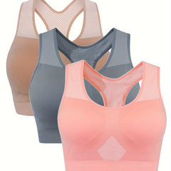 3 Pack Plus Size Sports Bras Set Women's Plus Checkerboard Print