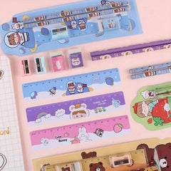 12pcs Cartoon Stationery Set for Office Use - Pencils, Eraser, Ruler, Sharpener