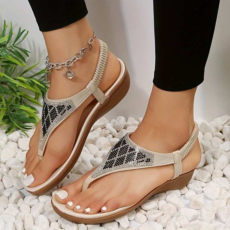 Women's Rhinestone Wedge Thong Sandals Elastic Strap Beach Slip On Sandals