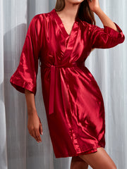 Satin V Neck Night Robe 3 4 Sleeve with Belt