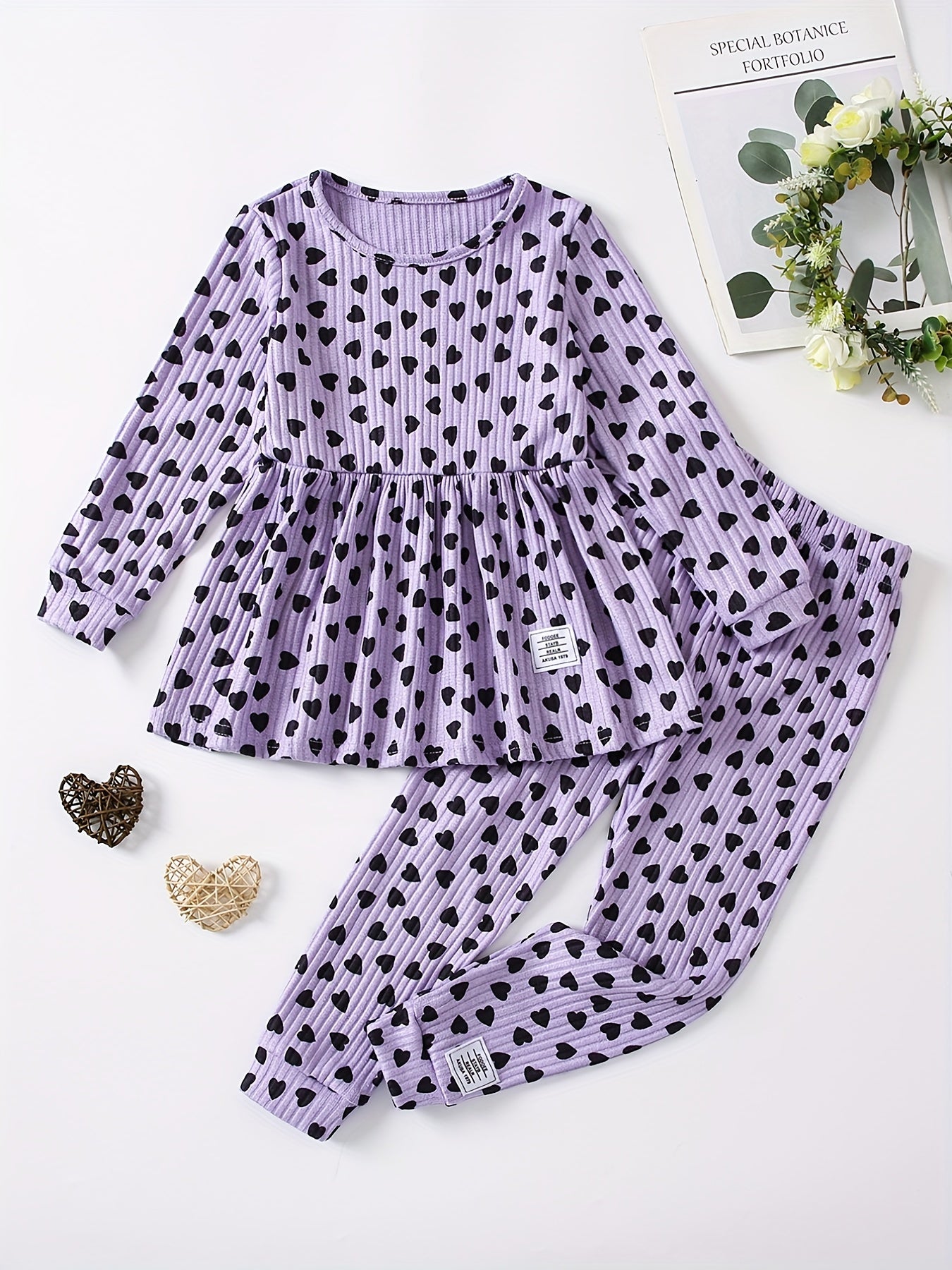 Girls' Love Heart Print 2pcs Long Sleeve Top & Pants Set