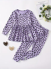 Girls' Love Heart Print 2pcs Long Sleeve Top & Pants Set