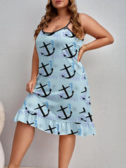 Anchor Print Ruffle Trim Cami Sleep Dress