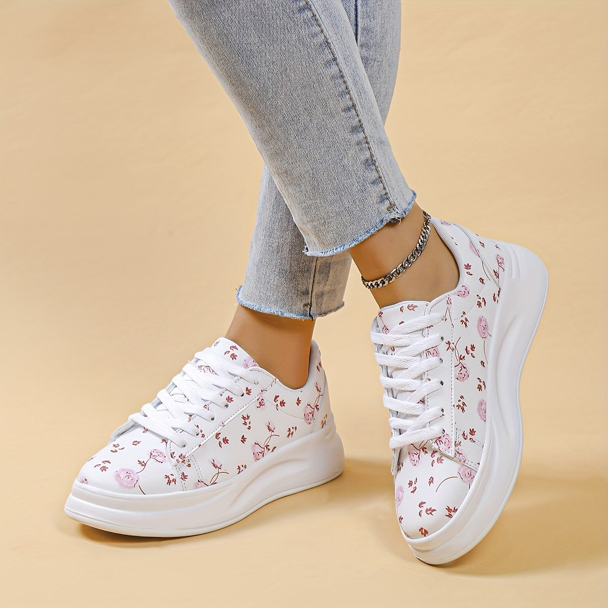 Women's Floral Print Flat Shoes Lace Up Low Top Sneakers