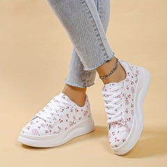 Women's Floral Print Flat Shoes Lace Up Low Top Sneakers