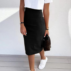 Solid High Rise Midi Length Knit Skirt