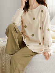 Polka Dot Lounge Set Long Sleeve Top & Pants Women's Sleepwear