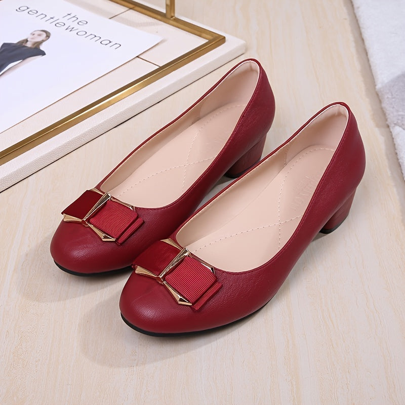Women's Bowknot Mid Heel Soft Sole Slip-On Shoes Round Toe Court Shoes