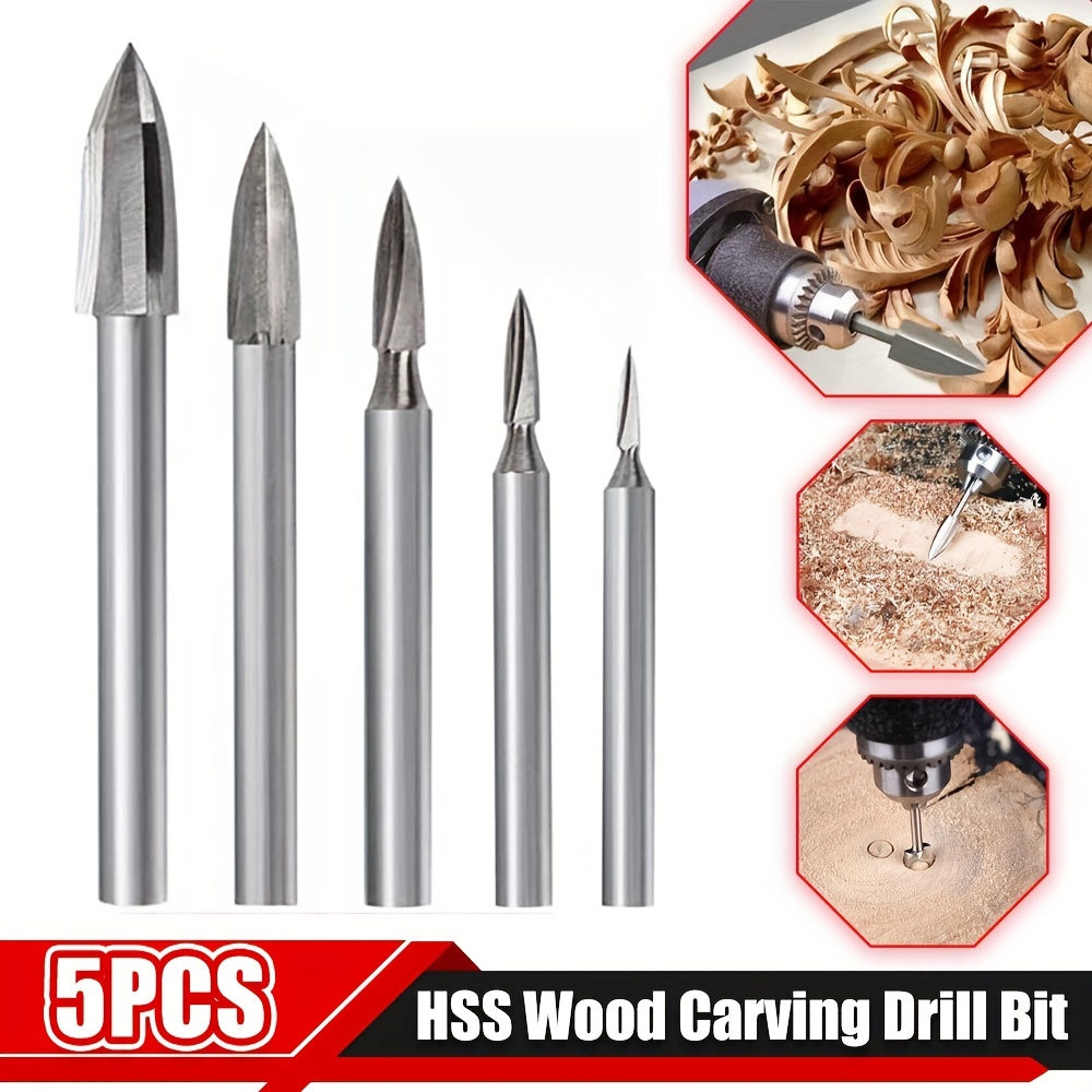 5pcs Wood Carving Drill Bit Set High Speed Steel Carbide Root Milling Cutter Bur