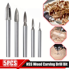 5pcs Wood Carving Drill Bit Set High Speed Steel Carbide Root Milling Cutter Bur
