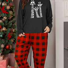Giraffe Print Long Sleeve Tee & Plaid Pants Pajama Set