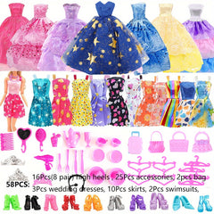 Doll Clothes & Accessories Set: Wedding Gown, Dresses, Shoes, Jewelry, Crowns