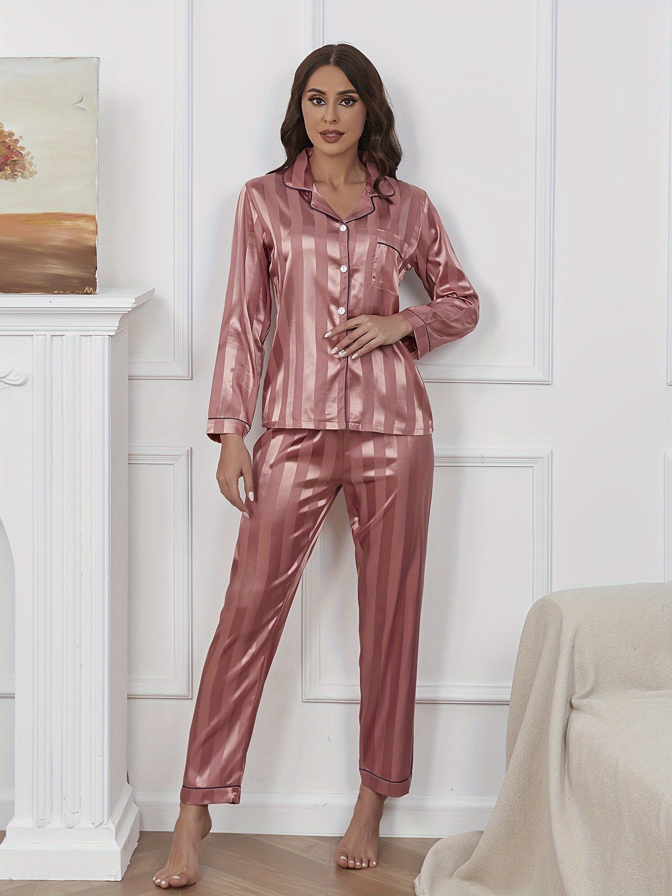 Striped Satin Pajama Set Long Sleeve Button Top & Pants