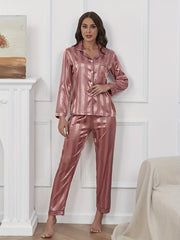 Striped Satin Pajama Set Long Sleeve Button Top & Pants