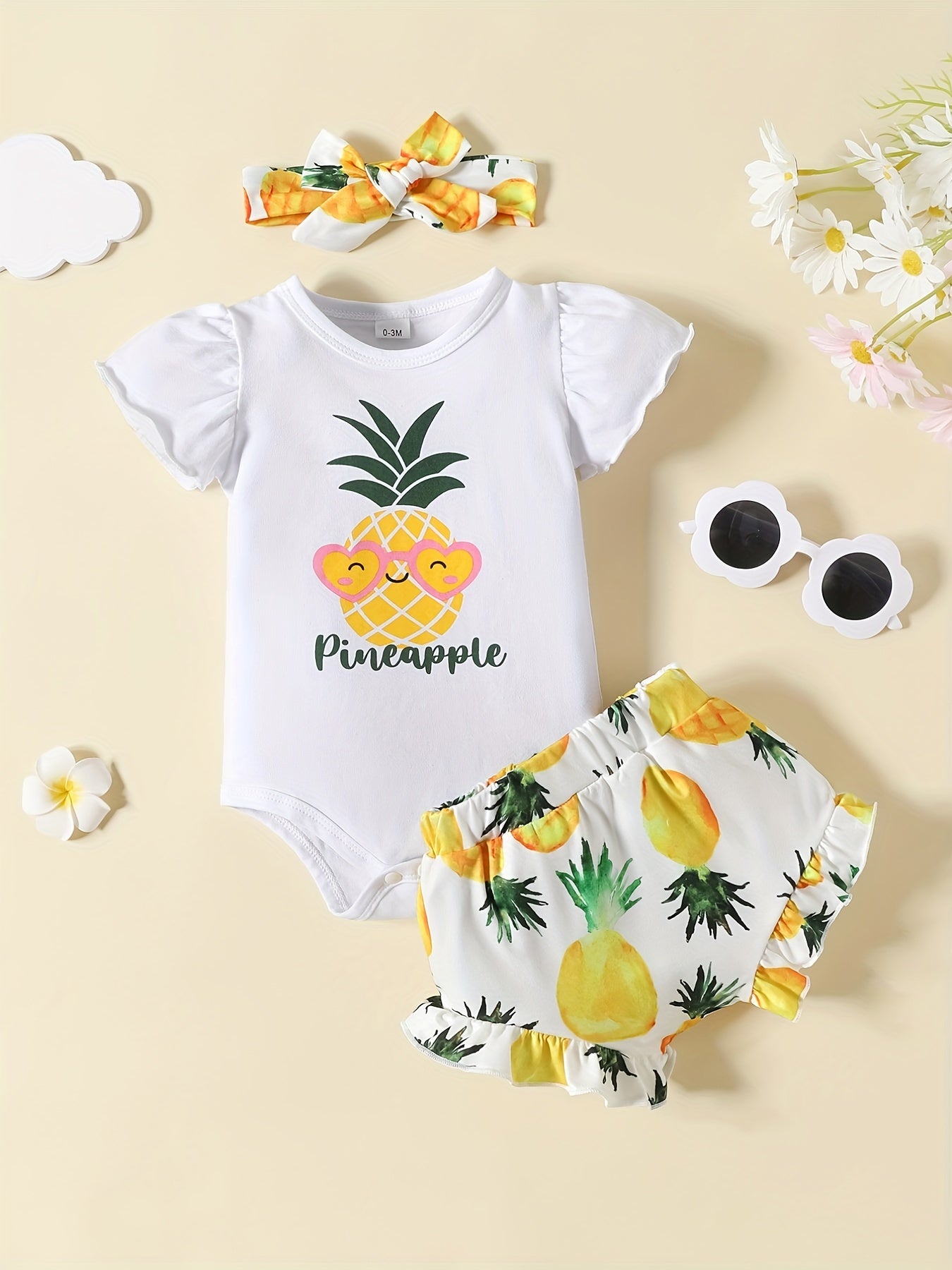 3pc Baby Girls Lemon Print Onesie & Shorts & Headband Set