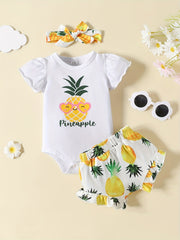 3pc Baby Girls Lemon Print Onesie & Shorts & Headband Set