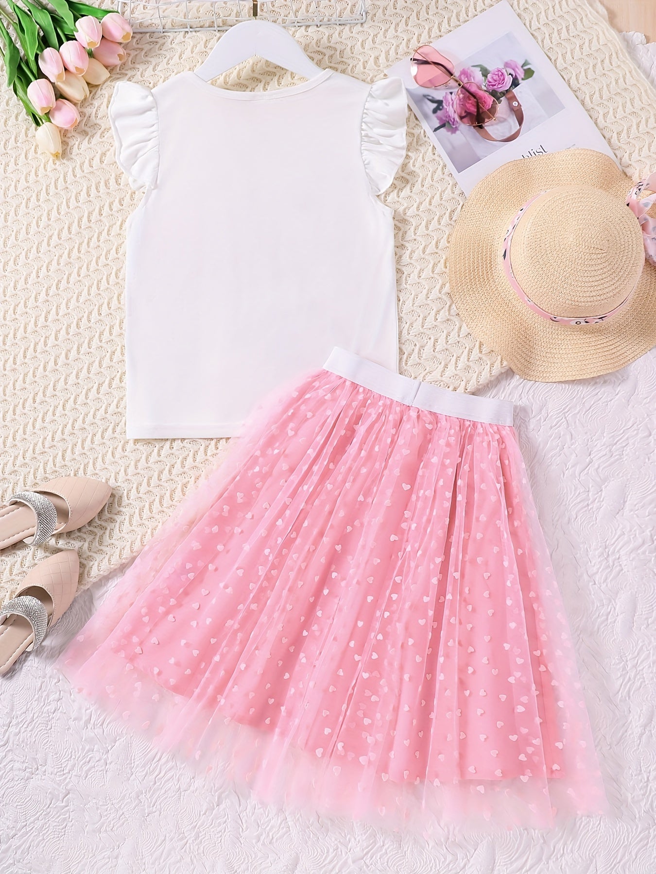 2Pcs Girls' Cartoon Portrait T-Shirt & Polka Dots Tutu Skirt Set