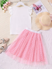 2Pcs Girls' Cartoon Portrait T-Shirt & Polka Dots Tutu Skirt Set