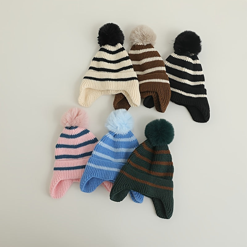 Striped Wool Ball Knitted Hat for Baby Boy and Girl