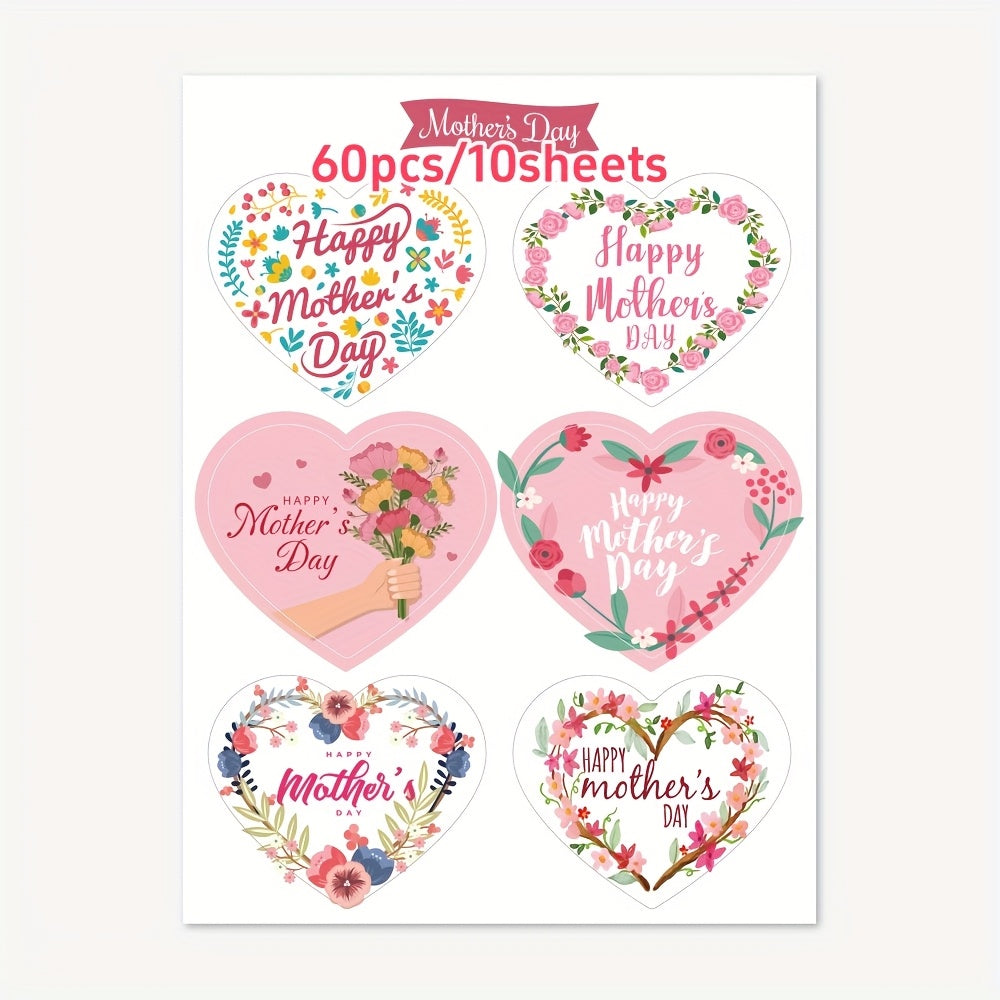 60pcs Heart Shaped Mother'S Stickers with Floral Designs and Messages