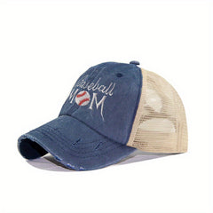 Mom Embroidery Ponytail Trucker Hat Distressed Softball Mom Baseball Cap