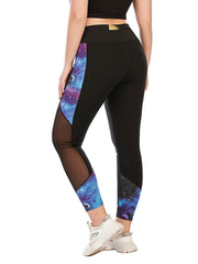 Colorblock Print Mesh Yoga Leggings with Pocket